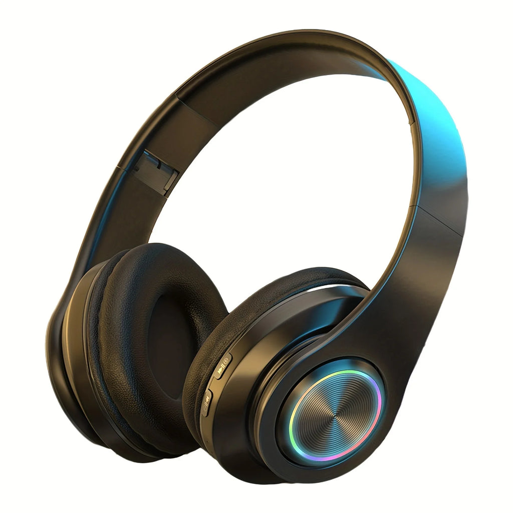 Auriculares inalámbricos sobre la oreja: cancelación activa de ruido, graves profundos, luz LED, diseño plegable portátil para música, deportes y juegos