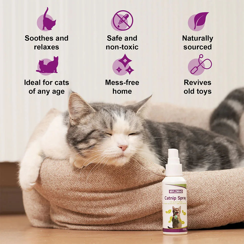 Spray de hierba gatera para gatos, spray para rascar gatos para aumentar el juego, calma el estrés y rinovar juguetes, spray de comportamiento transparente para gatos y gatitos, 60 ml