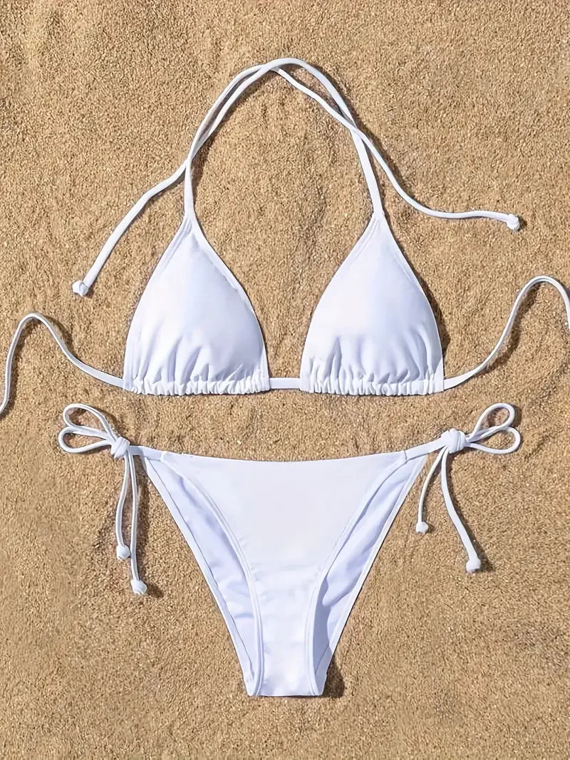 1 traje de baño para mujer, conjunto de Bikini acanalado con almohadillas y espalda descubierta, sujetador triangular con cuello Halter, Tanga con lazo lateral, ropa de playa, traje de baño para mujer