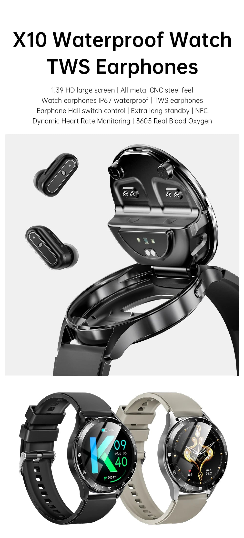 Reloj inteligente 2024 2 en 1 con auriculares Bluetooth TWS, monitor de frecuencia cardíaca y presión arterial, nuevo reloj deportivo y fitness