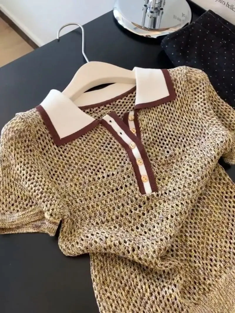 Camiseta de Punto Brillante Vintage con Cuello Polo