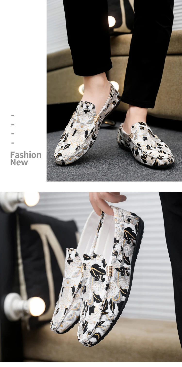 Zapatos Casuales Florales para Hombre | Estilo Mocasín Azul y Blanco