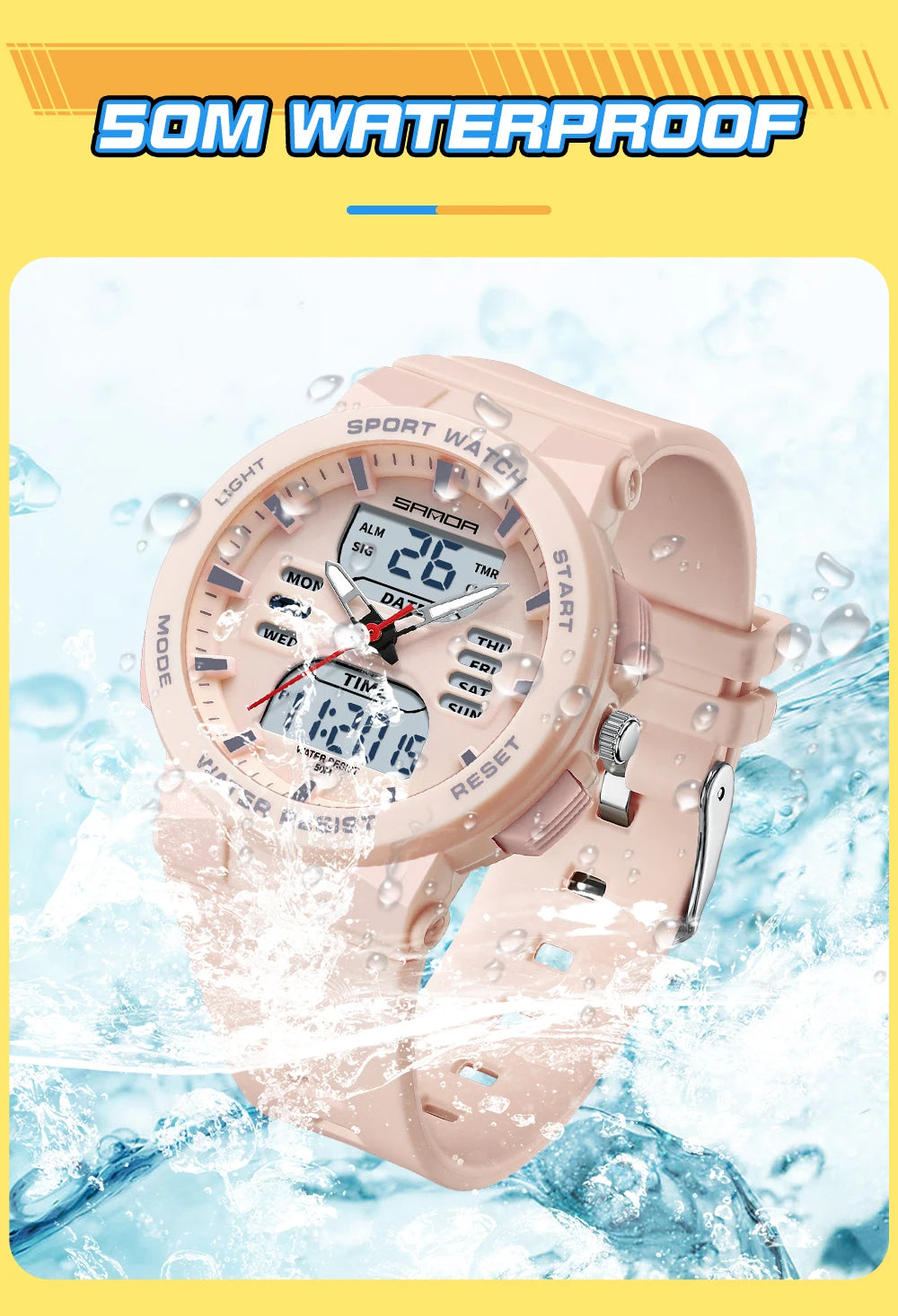 Reloj Digital LED SANDA 6185 para Mujer Pantalla Dual Resistente al Agua