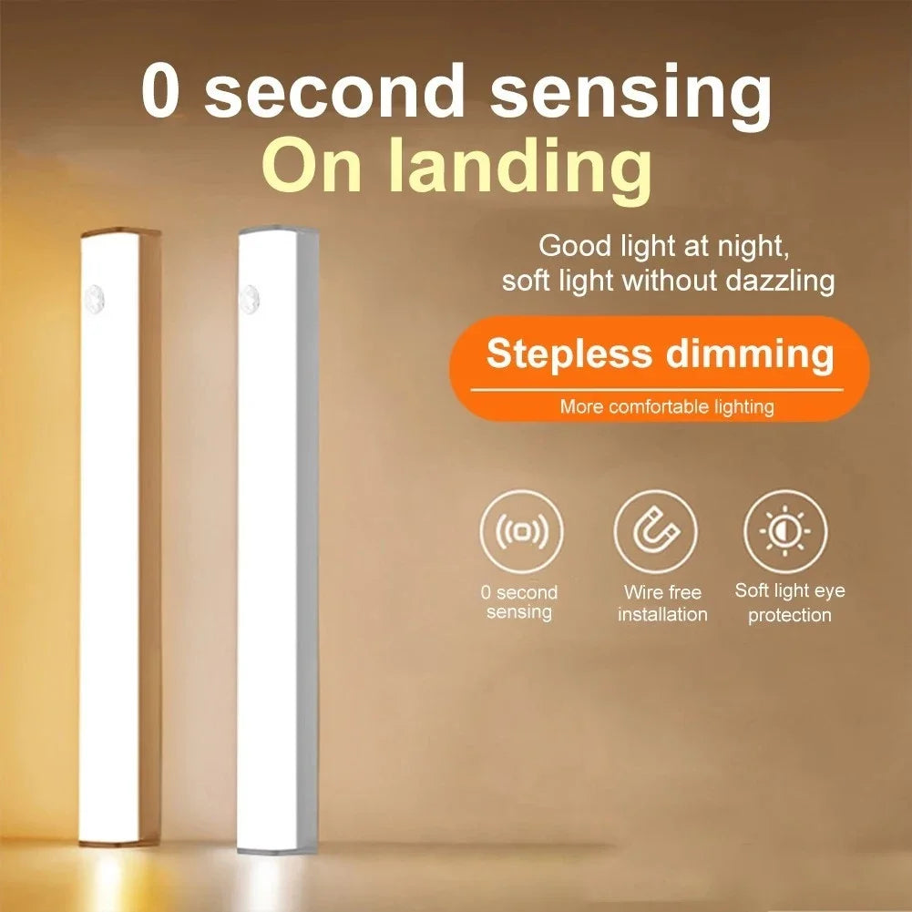 Luz LED para debajo del gabinete con sensor de movimiento, luz recargable para armario, lámpara nocturna magnética regulable para cocina, dormitorio, escaleras