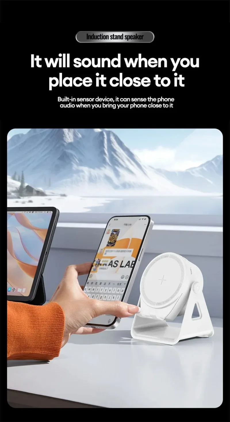 Cargador Inalámbrico 5 en 1 con Altavoz Bluetooth, Soporte para Teléfono, Plegable, Ajustable, RGB, Soporte de Escritorio para iPhone 17, 16 y Samsung