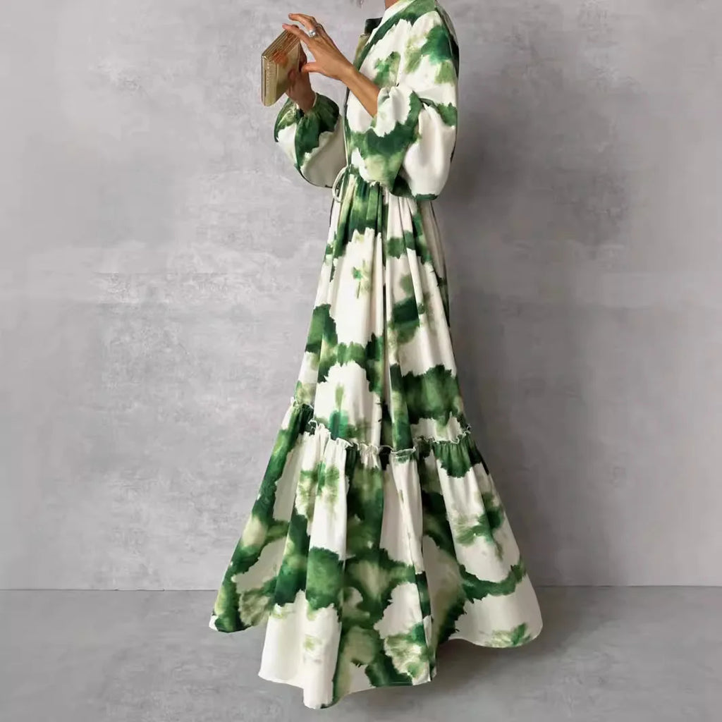 2024 verano elegante mujeres Maxi vestidos moda estampado verde manga larga cuello en V ajuste de cintura Vestido largo Mujer Vestido de fiesta