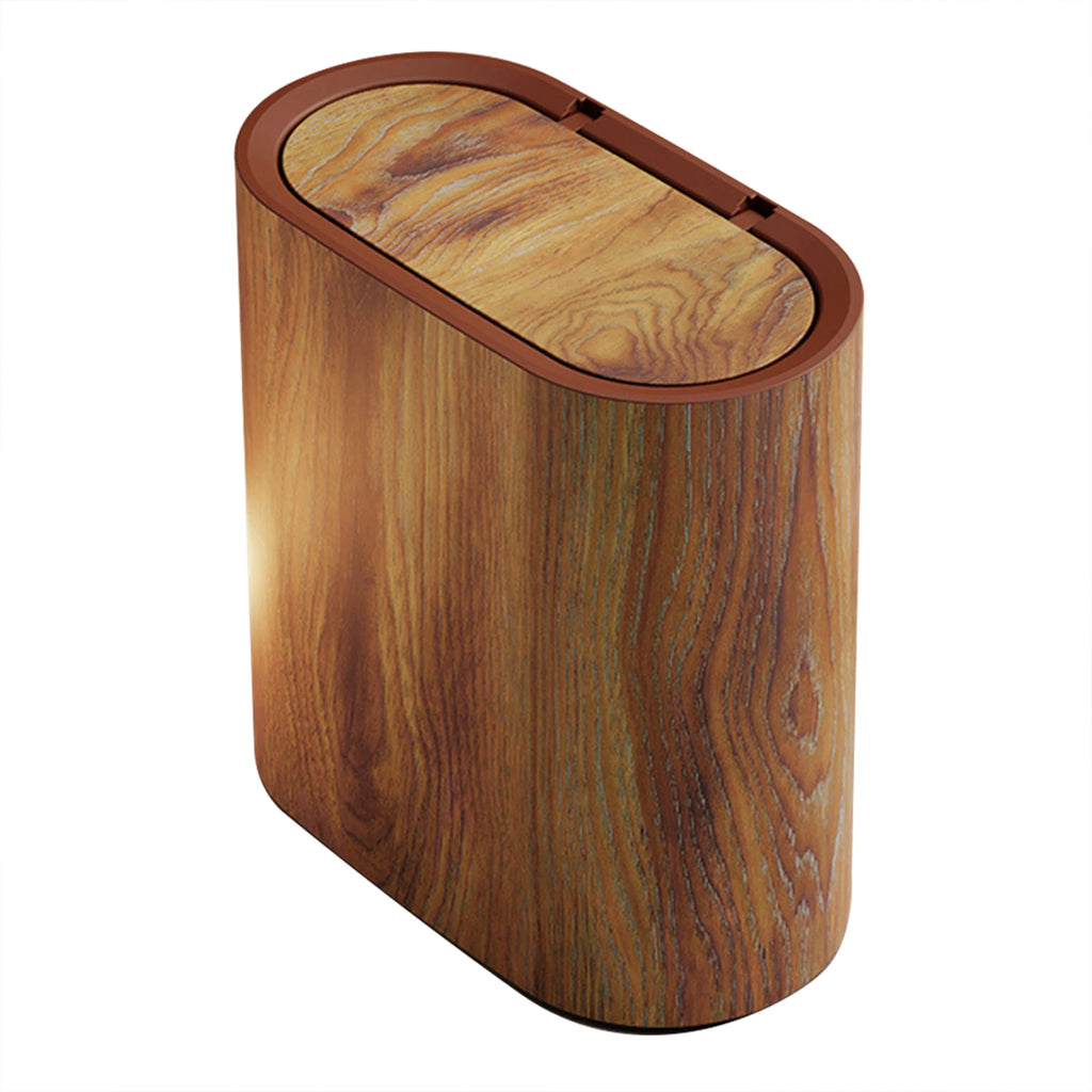 Cubo de basura delgado con tapa para baño y cocina, diseño mármol y madera