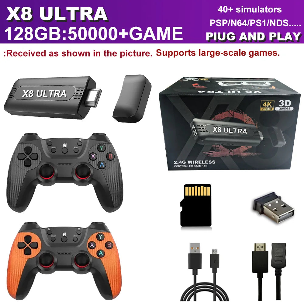 M15 X8ULTRA 4K Game Stick 128G Consola de Videojuegos con Más de 5000 Juegos Clásicos Arcade, Controles Inalámbricos Dobles, HD, para 2 Jugadores