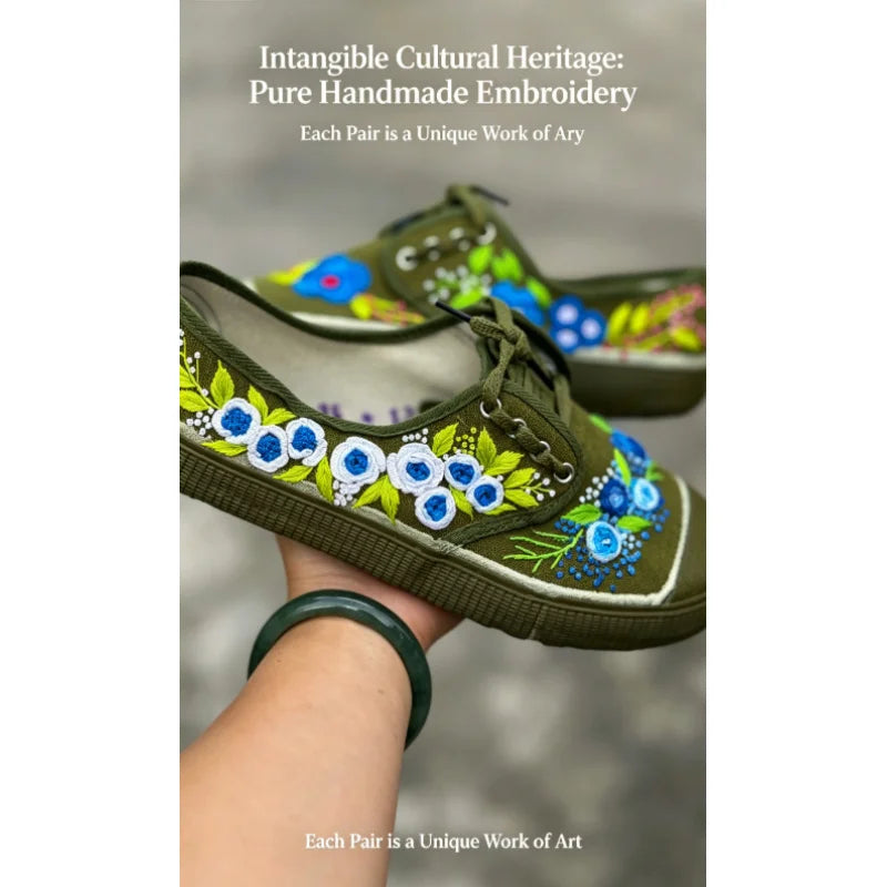 Zapatillas Deportivas Bordadas a Mano Personalizadas Heritage Liberation para Mujer, Color Verde Militar, Antideslizantes y Resistentes al Desgaste