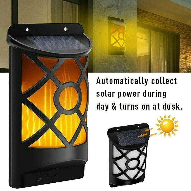 Luces solares de llama para exteriores, diseño de celosía para jardín, camino, patio, decoración navideña, luces de pared parpadeantes impermeables, 96LED