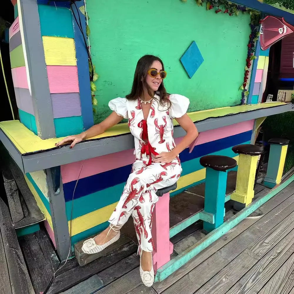 Conjunto de pantalones largos con estampado de crayón de dibujos animados para mujer, camisa de manga corta de verano, pantalón de pierna ancha de cintura alta, conjuntos de 2 piezas, trajes para mujer 2024
