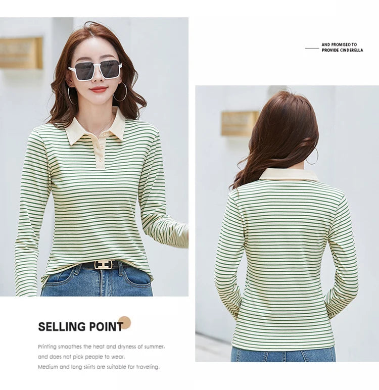 Polo de Manga Larga a Rayas de Estilo Coreano