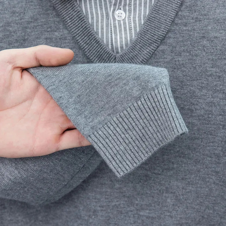 Suéter de punto con cuello de camisa para hombre, azul claro (6 colores), diseño falso de dos capas, estilo informal de negocios    Ajuste elástico y cómodo