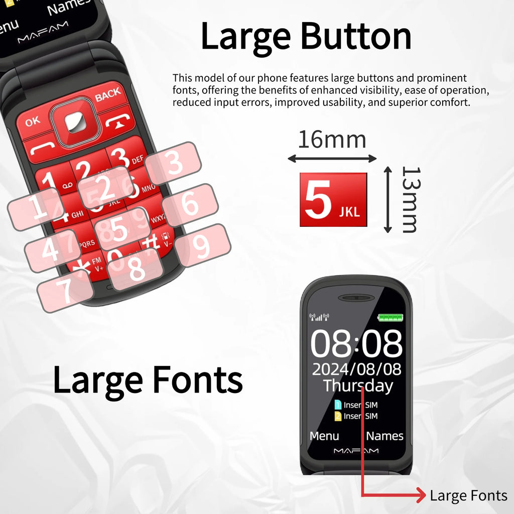 Mafam F899 Senior Flip Feature Phone Dos pantallas 2 Sim Botón grande SOS Dial Antorcha Clamshell Móvil Estilo retro 15 días Larga modo de reposo
