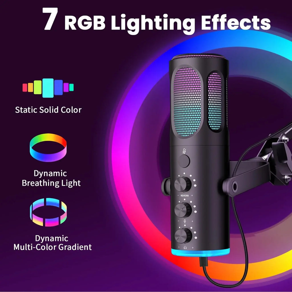 Micrófono USB para Juegos PUPGSIS, Micrófono de Condensador con Cancelación de Ruido, Silenciador, Ganancia, Luces RGB, Soporte de Brazo para Streaming, PC