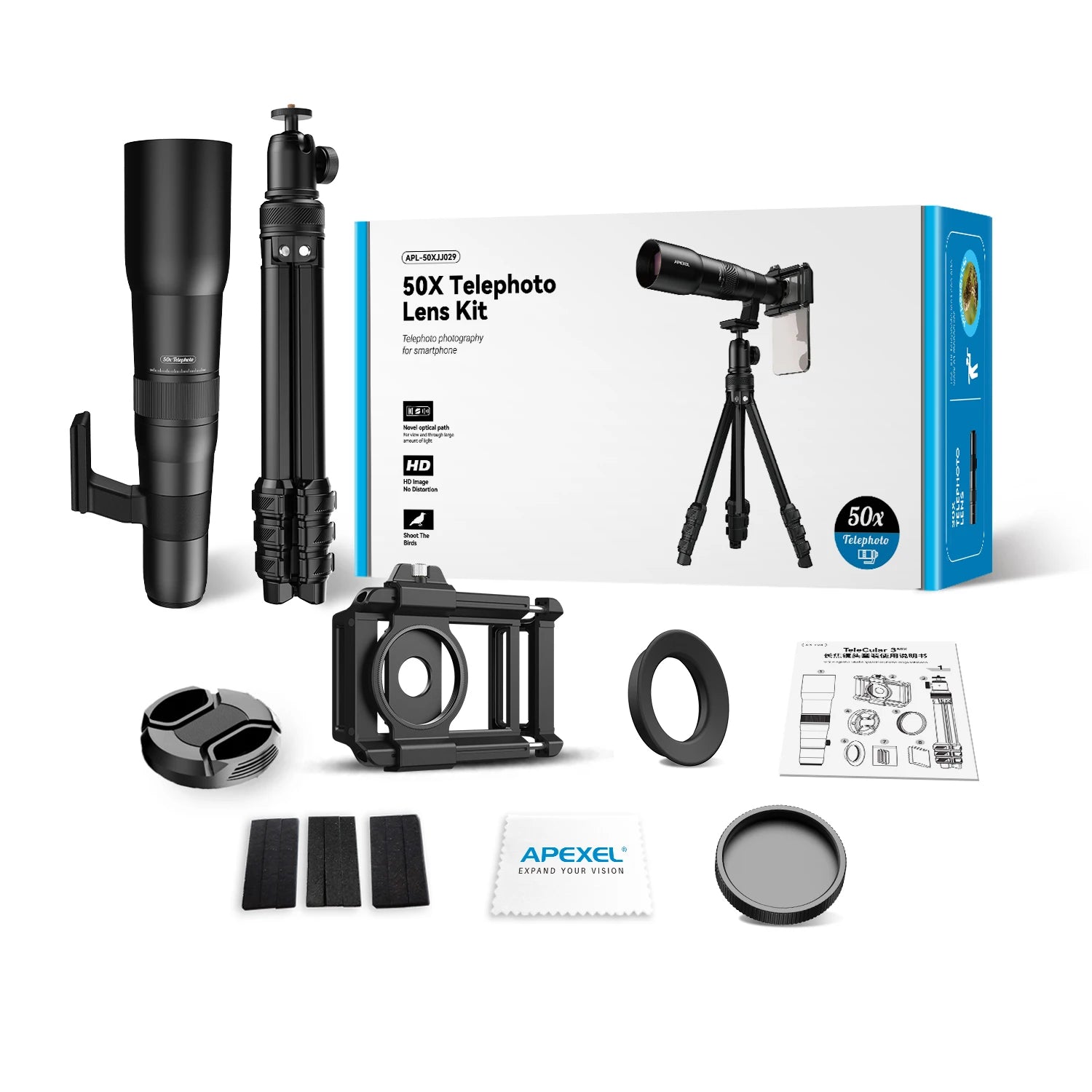 Lente Teleobjetivo 50x APEXEL Profesional con Trípode Metal