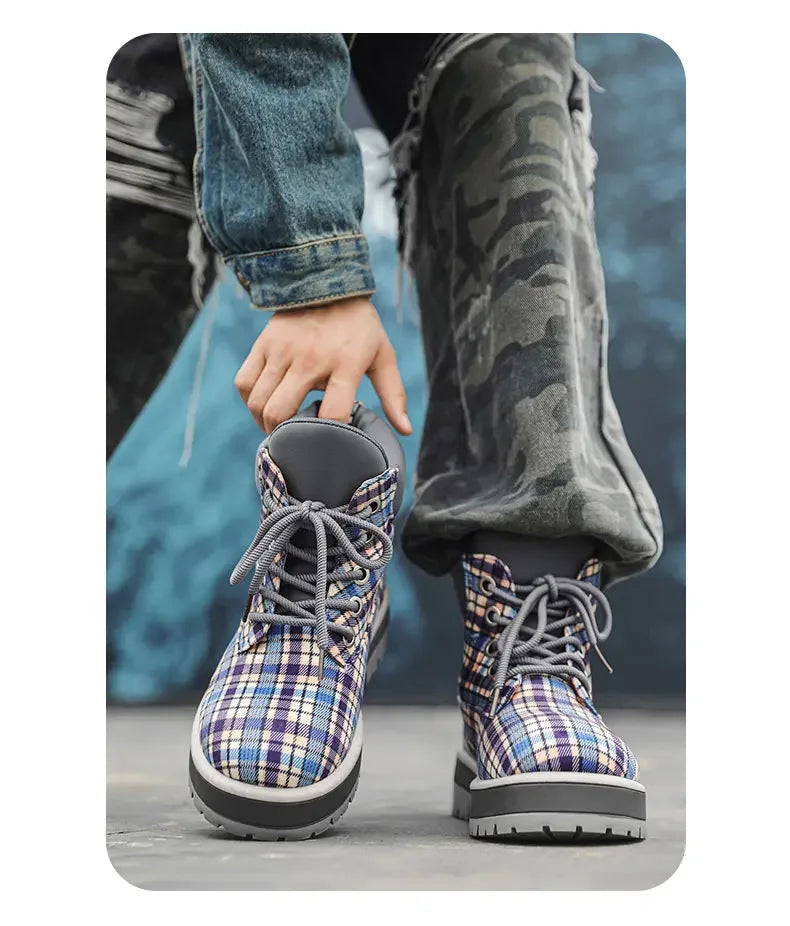 Botas de tobillo a cuadros para hombre con cordones y suela antideslizante