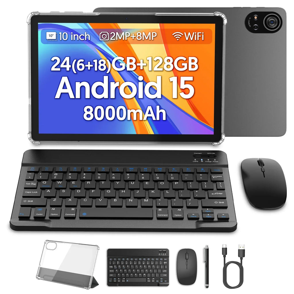 BAKEN tableta Android 15 de 10 pulgadas, procesador penta-core A333, 24GB (6GB + 18GB de expansión) RAM + 128GB ROM, 5G WiFi, 8000mAh