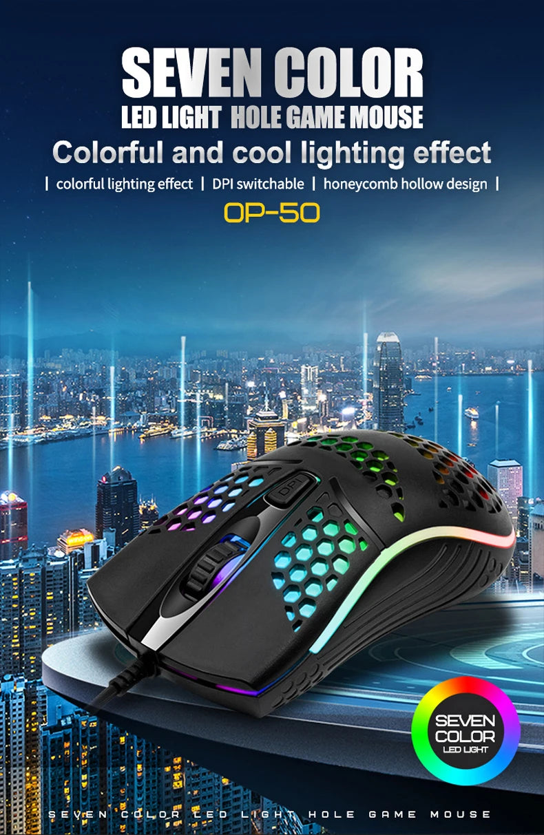 Ratón óptico con luz LED para juegos, Mouse ahuecado para ordenador portátil, escritorio, 4D, uso doméstico y oficina, 7 luces LED de respiración