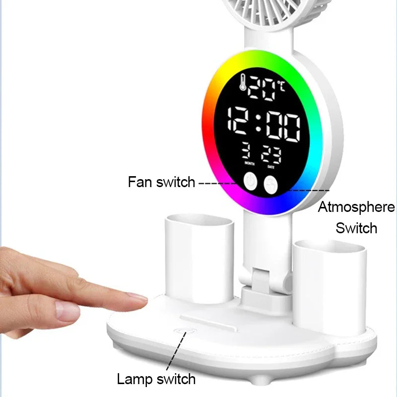 Lámpara de mesa Led para estudio, lámpara de escritorio, luz de lectura, luz nocturna Led con ventilador, reloj Led, pantalla, luz de escritorio de lectura