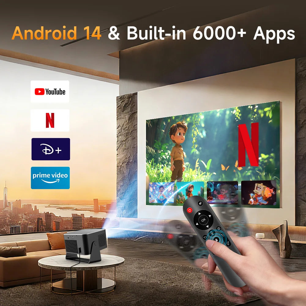 Proyector Magcubic Android 14, 900 ANSI, Enfoque Automático, 8K Nativo, 1080P, con Wifi 6, BT 5.4, HY350Max, para Películas, Uso en Exteriores, Proyección Multiángulo