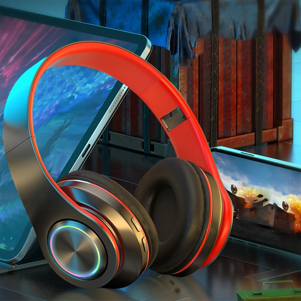 Auriculares inalámbricos sobre la oreja: cancelación activa de ruido, graves profundos, luz LED, diseño plegable portátil para música, deportes y juegos