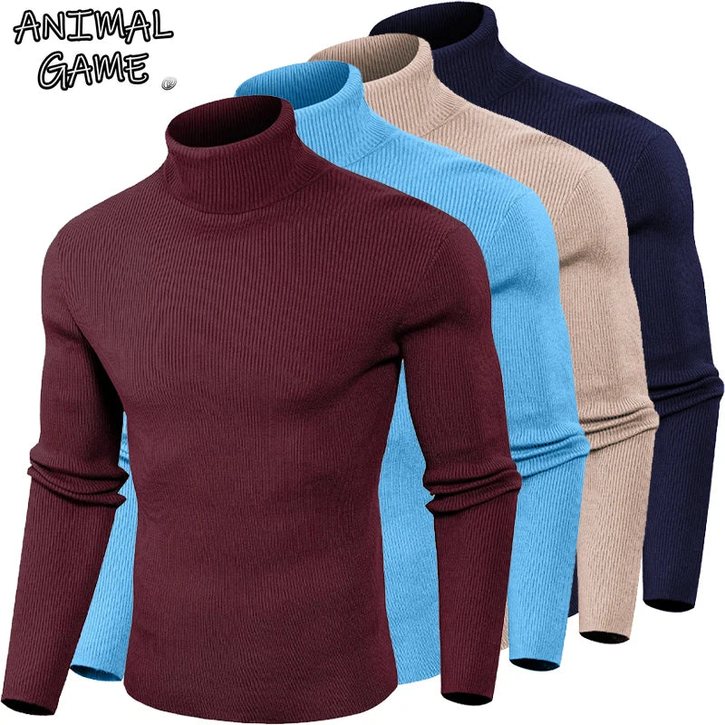 Juego de animales, blusa fría de lujo para hombre, suéteres informales, jersey de lana con cuello alto, camisetas básicas a rayas, sudadera cálida de punto para hombre