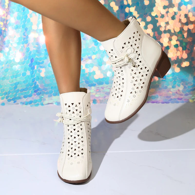 NOVEDAD DE VERANO 2025, botines de tacón medio con suela suave y agujeros a la moda para mujer, zapatos cómodos transpirables Retro