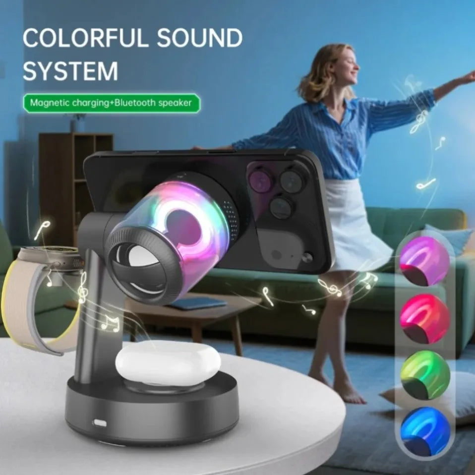 Altavoz Bluetooth QI2 de 25W 5.3 con Cargador Inalámbrico Magnético Rápido de 25W y Reloj Despertador para iPhone 17-12 Pro Max, Apple Watch y Airpods