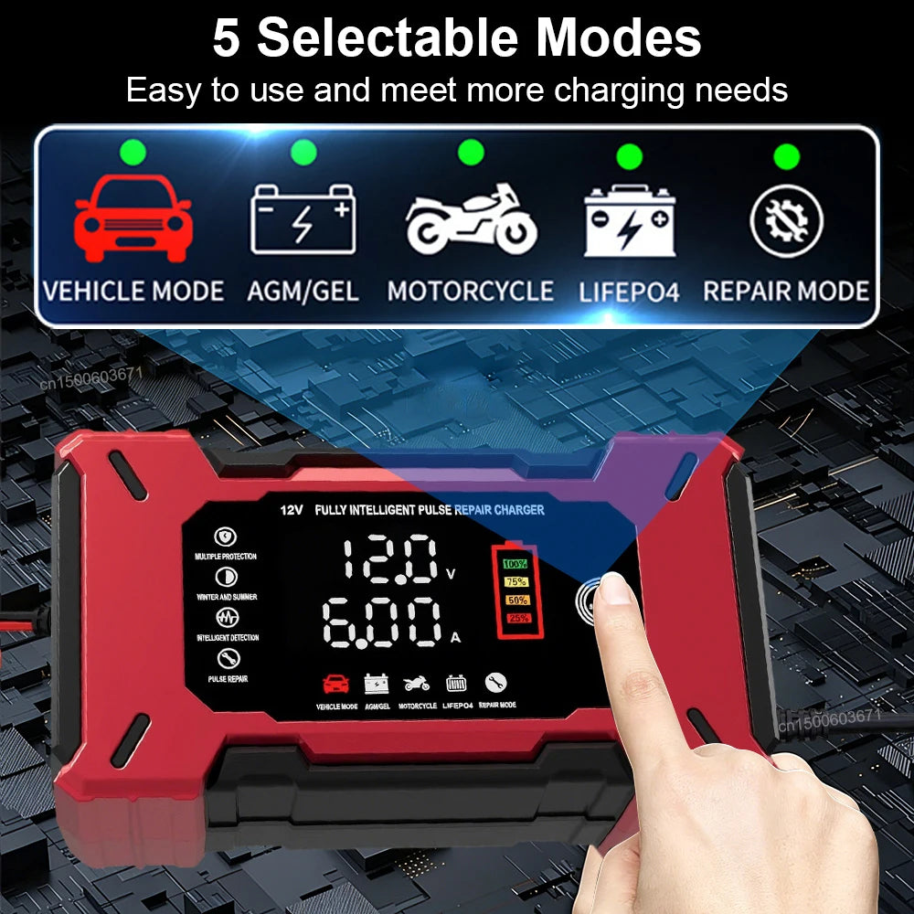 Cargador de batería inteligente 12V 6A con reparación por pulsos para autos y motos