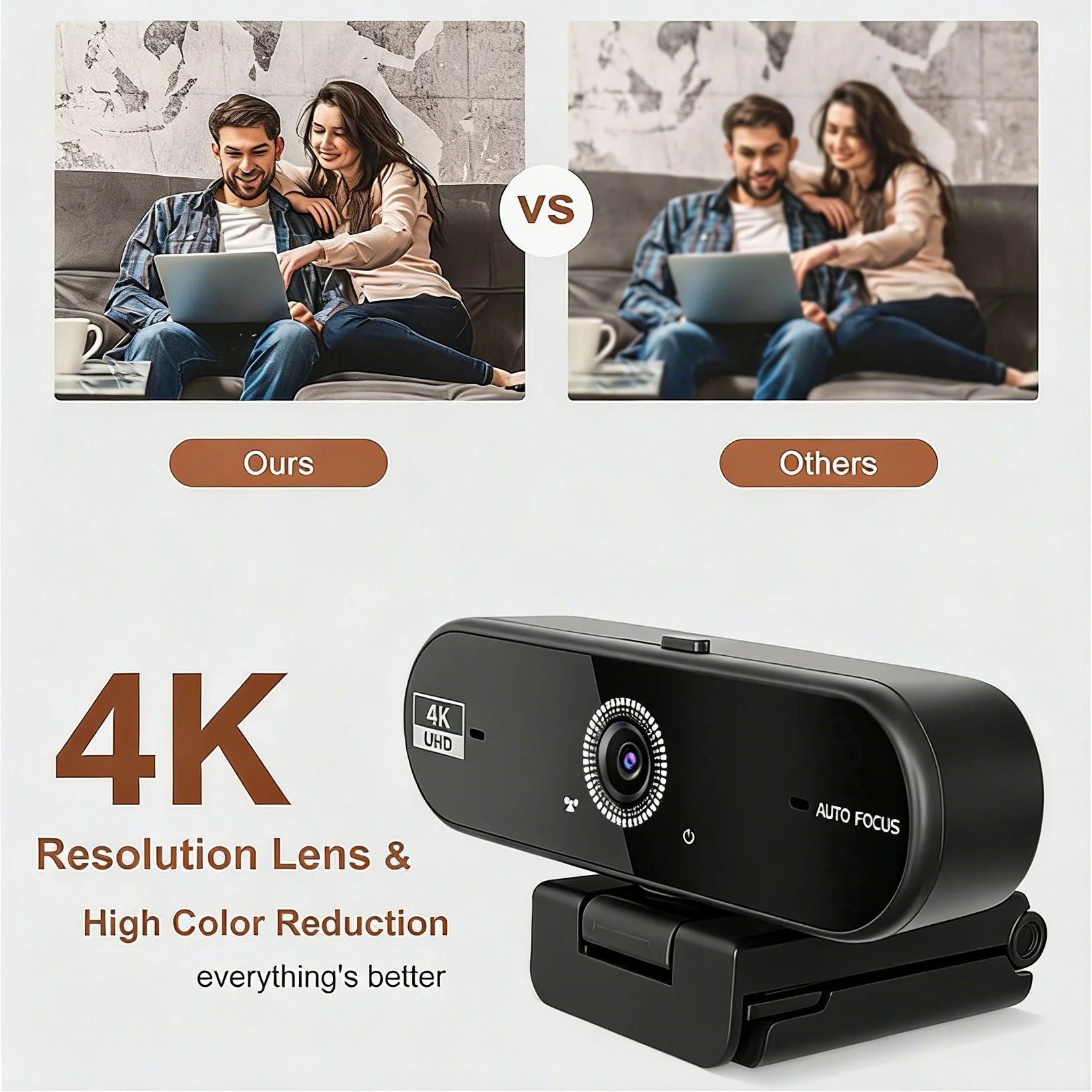 Cámara web 4K para PC con enfoque automático y micrófono con reducción de ruido