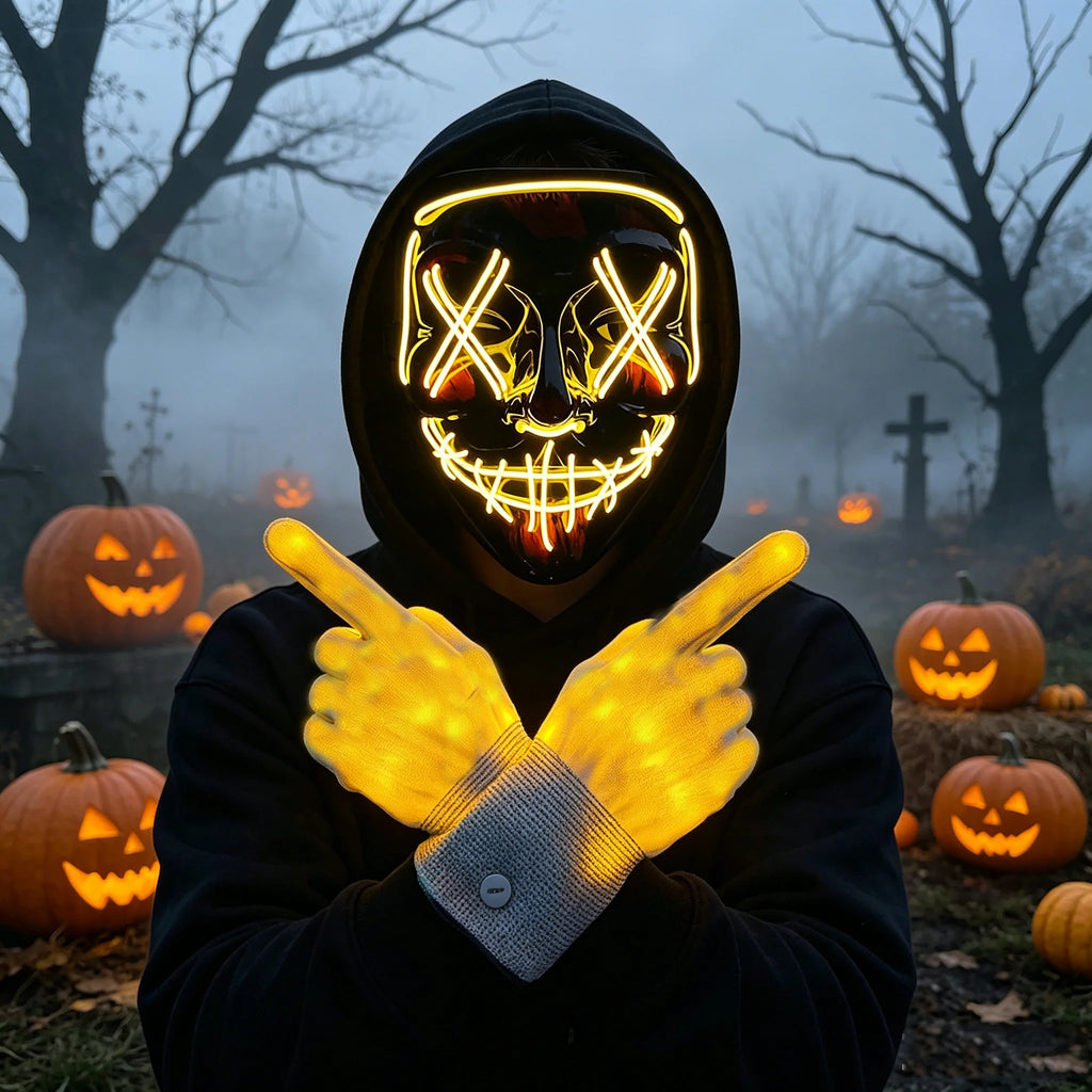 Máscara LED inalámbrica de neón y guantes de fibra óptica, máscara brillante en la oscuridad para Halloween, carnaval, cosplay, bar, fiesta de cumpleaños