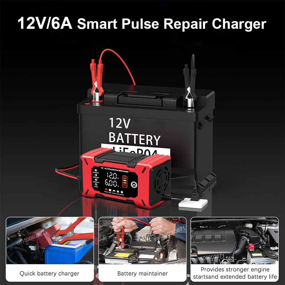 Cargador de batería inteligente 12V 6A con reparación por pulsos para autos y motos