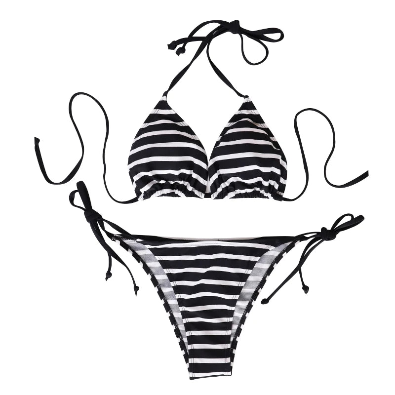 Conjunto de dos piezas de vendaje triangular para mujer, ropa de playa Sexy de verano a rayas en blanco y negro, traje de baño para playa, Bikini de estilo para mujer