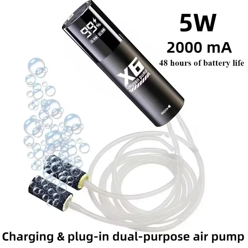 Bomba de oxígeno recargable por USB de 5W para pesca/acuario al aire libre, aireador portátil con tiempo de ejecución de 48H para pesca nocturna