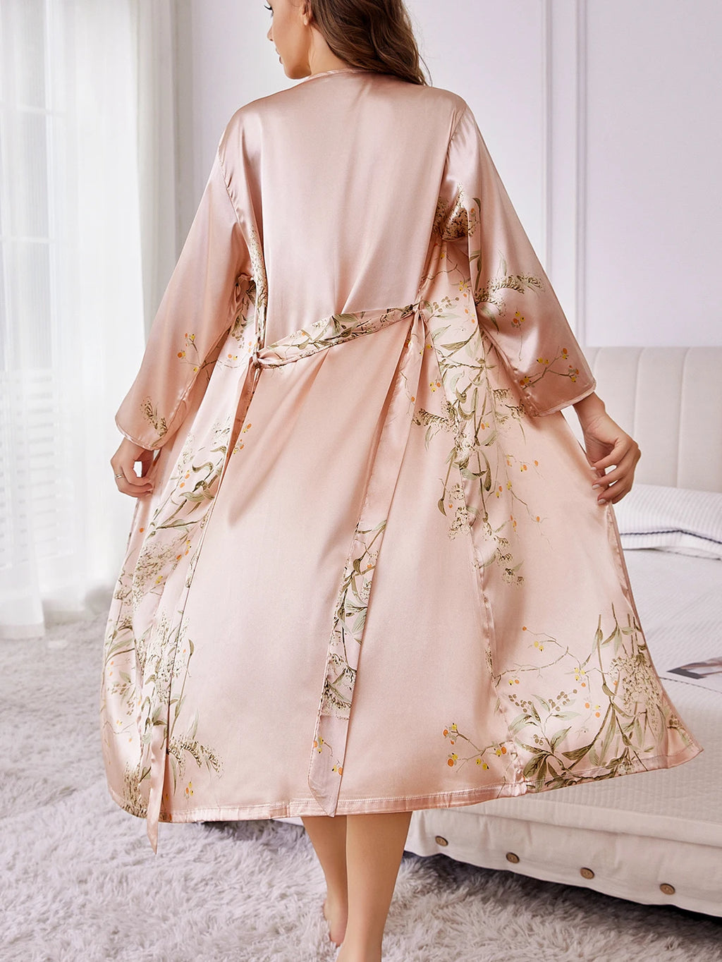 ‌   Conjunto de ropa de descanso floral de satén de seda, bata con cinturón, camisola, camisón, ropa de dormir elegante de dos piezas para todas las estaciones