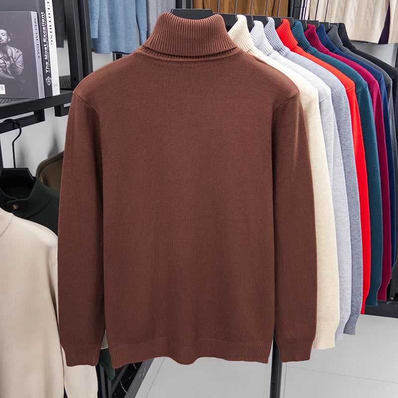 Otoño para hombre de alta calidad de punto suéter de cuello alto ajustado de manga larga anti-pilling jersey Color sólido tendencia hombres Streetwea