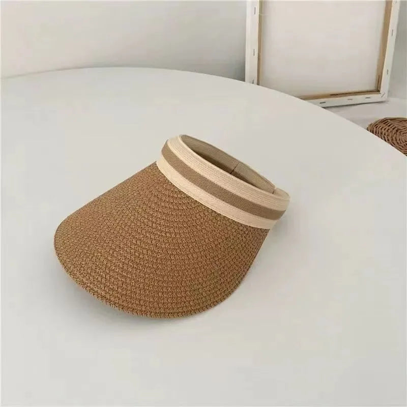 Sombrero de Paja para Mujer con Ala Ancha, Protección UV, Visera de Playa para Verano con Orificio para Cola de Caballo, para Golf, Viajes y Actividades al Aire Libre