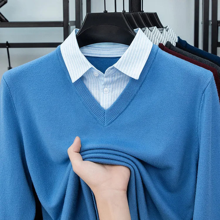 Suéter de punto con cuello de camisa para hombre, azul claro (6 colores), diseño falso de dos capas, estilo informal de negocios    Ajuste elástico y cómodo