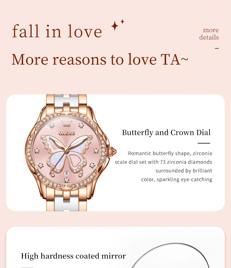 Reloj de Cuarzo OLEVS para Mujer, Correa de Cerámica, Diseño Mariposa