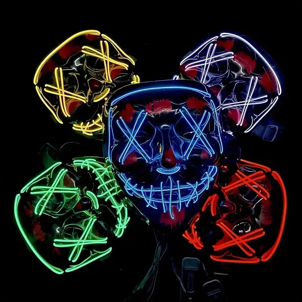 Máscara LED de neón iluminada inalámbrica para Halloween, máscara de terror, accesorio para disfraces de carnaval, cosplay y fiestas.