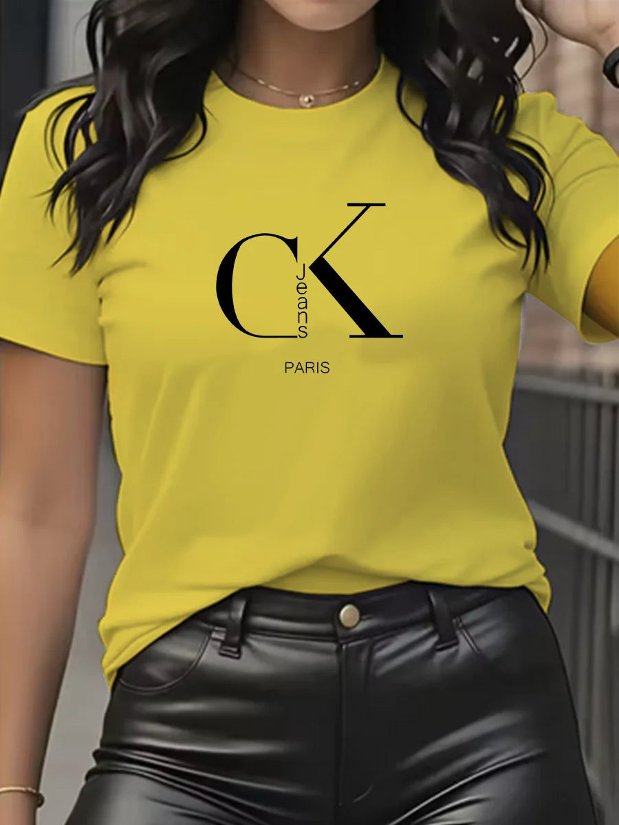 Camiseta con Estampado de Dibujos Animados y Letras Cuello Redondo