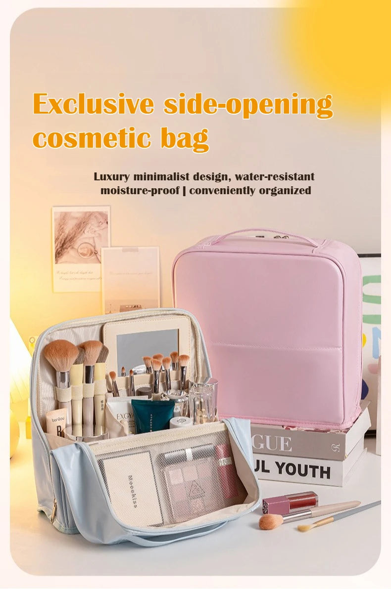 Bolsa de Maquillaje de Viaje para Mujer, Gran Capacidad, Impermeable, Organizador de Cosméticos con Abertura Amplia, Soporte para Brochas Independiente, Fácil Acceso