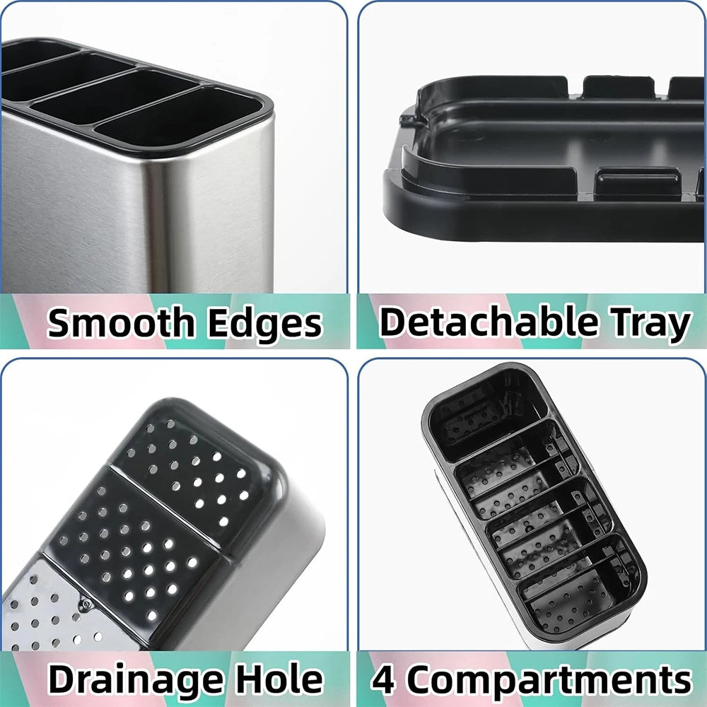 LMETJMA Organizador de cubiertos Caddy para cubiertos, estante de secado de utensilios de acero inoxidable, soporte para cubiertos con 4 compartimentos divididos