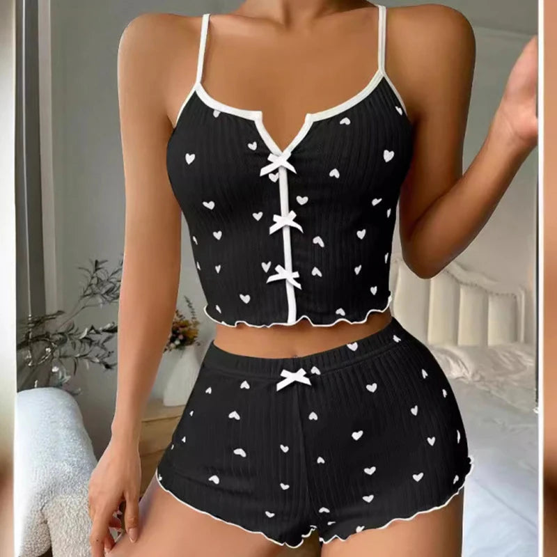 1 Juego de ropa de dormir para mujer, conjunto de pijamas con estampado de corazón, tela acanalada suave con ribete de volantes coqueto, camisola informal y conjunto corto, ropa de descanso