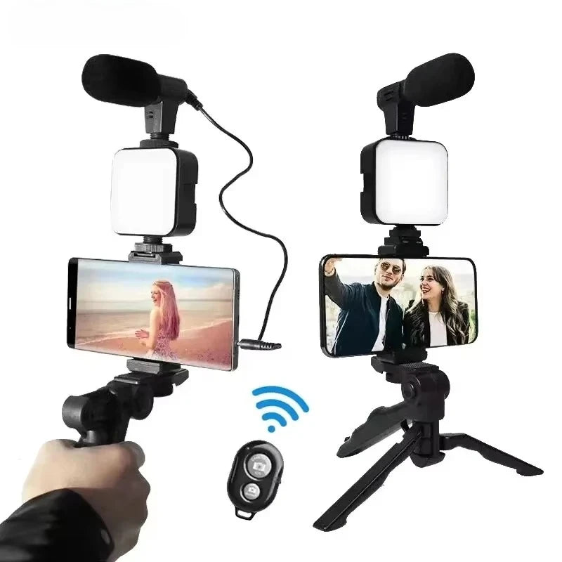 Kit de vlogging para teléfono inteligente con trípode, soporte para teléfono, Mini micrófono, luz de relleno LED, arrancador para transmisión en vivo, vídeo, YouTube