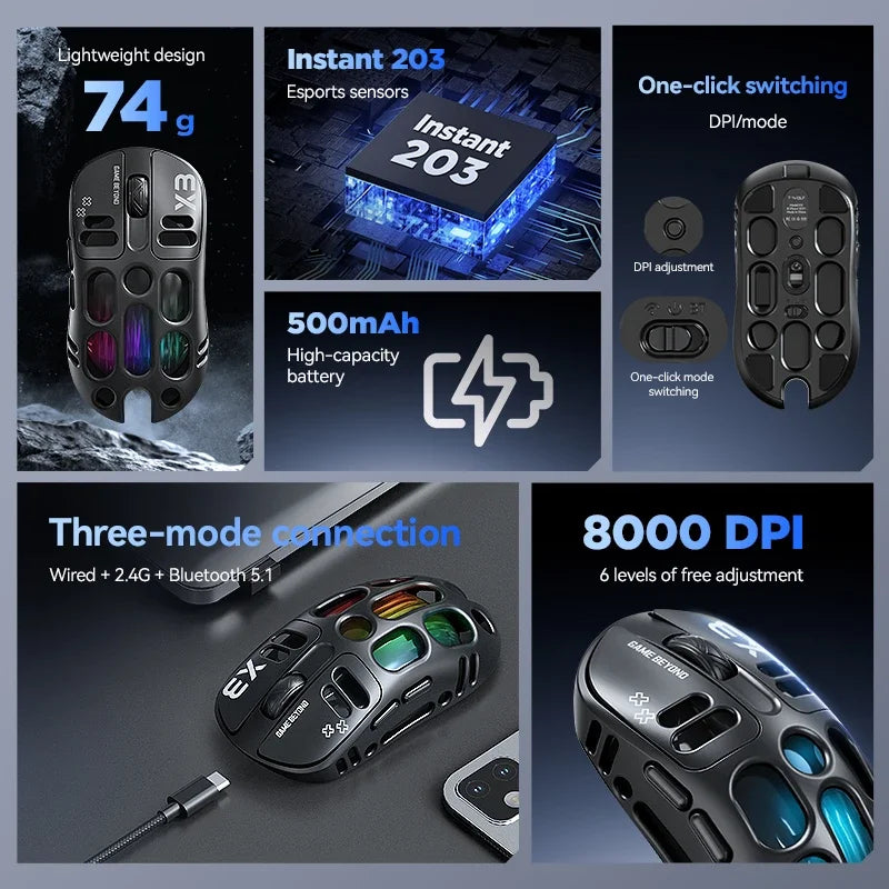 Mouse Gamer Lenovo X3 Triple Modo, RGB, Bluetooth, USB-C, Recargable