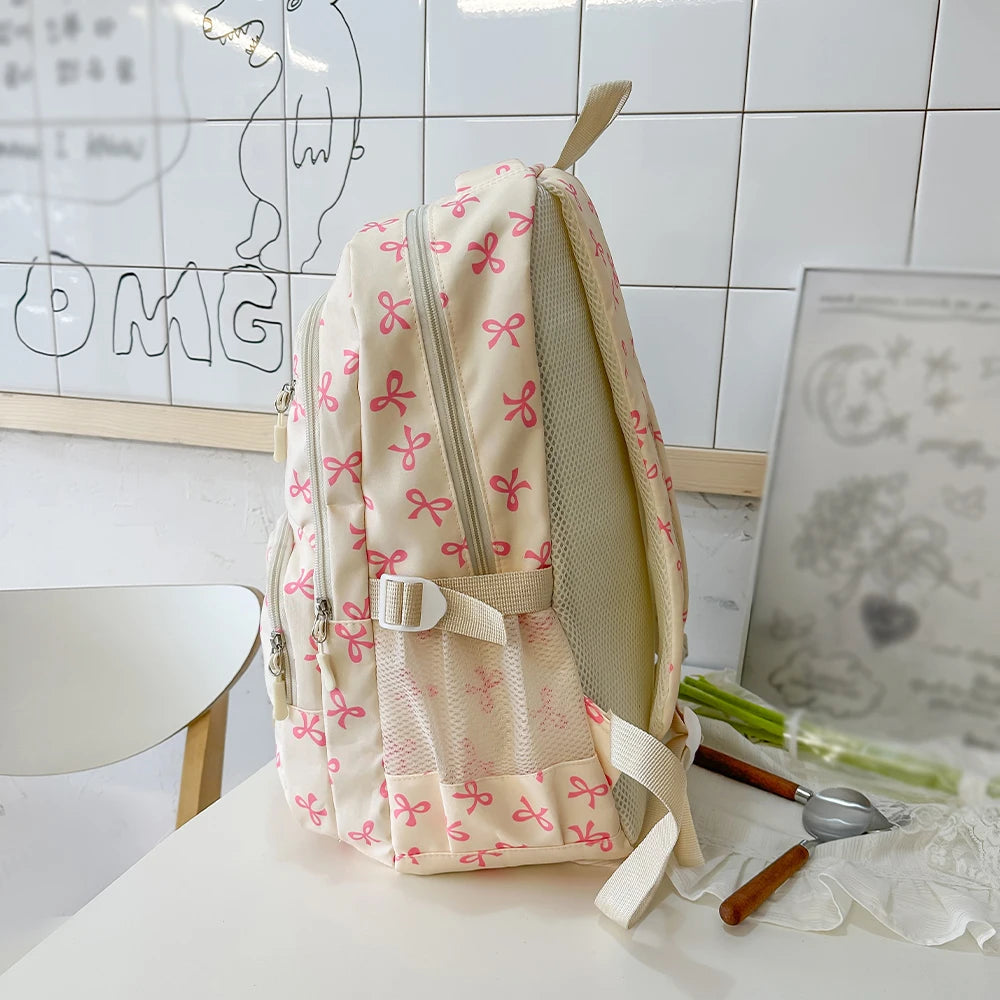 Mochila coreana con estampado de lazo para mujer, morral escolar ligero y sencillo para estudiante, conjunto de tres piezas