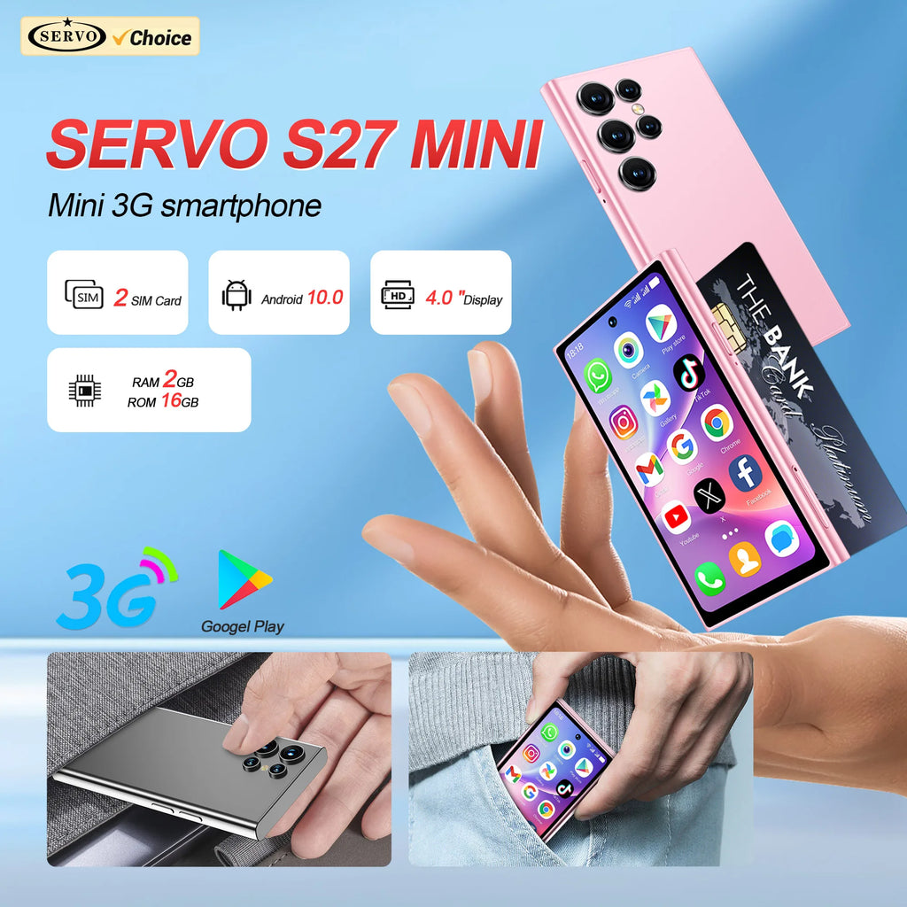 SERVO S27 MINI Android Palm Smartphone 3G WCDMA RAM 2GB ROM 16GB Google Play Desbloqueo facial Dual SIM Pantalla de 4,0 "Mini teléfonos inteligentes