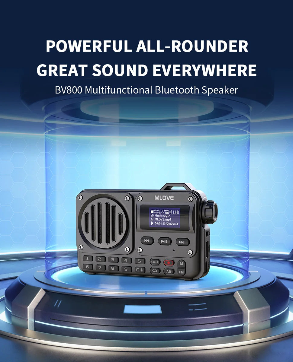 MLOVE BV800 Altavoz Bluetooth súper portátil con radio FM, pantalla LCD, antena, entrada auxiliar, disco USB, tarjeta TF, reproductor de MP3